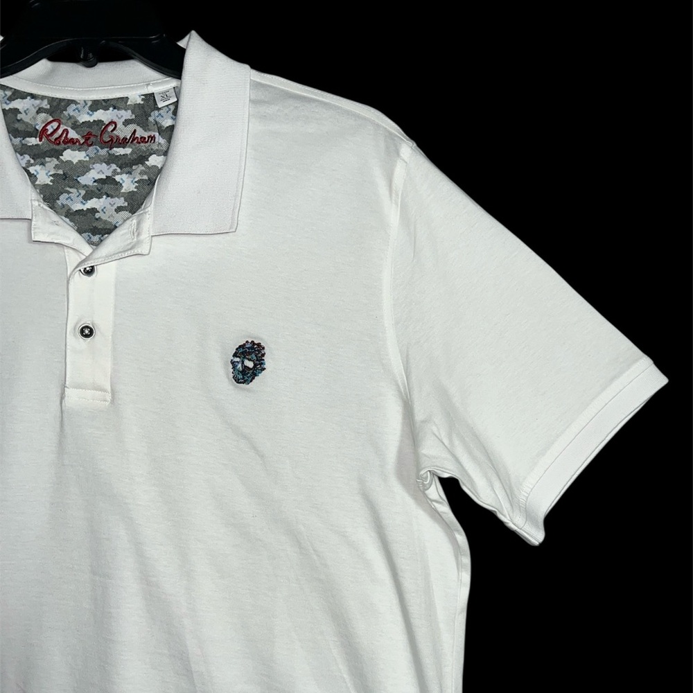 Robert Graham Men’s White Polo Shirt Size XL Short Sleeve Embroidered Skull